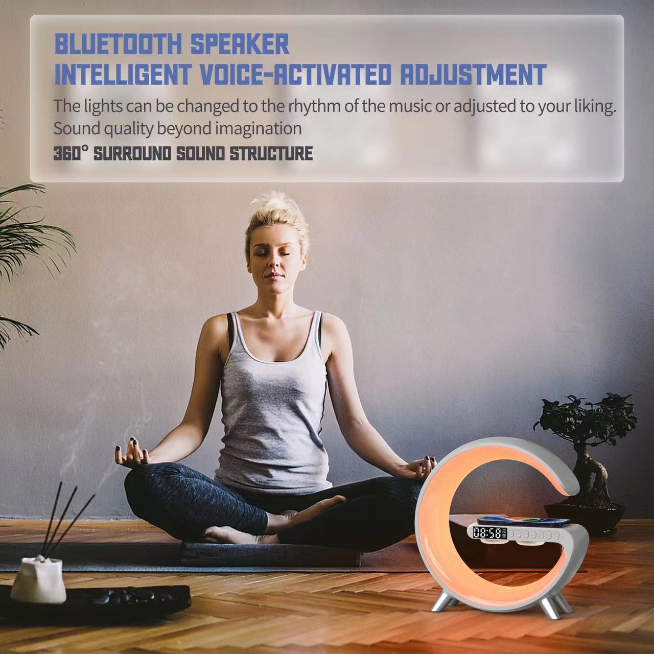2023 cross-border hot style indoor bluetooth speaker wireless charging alarm clock big G light atmosphere light sunrise wake up light moon