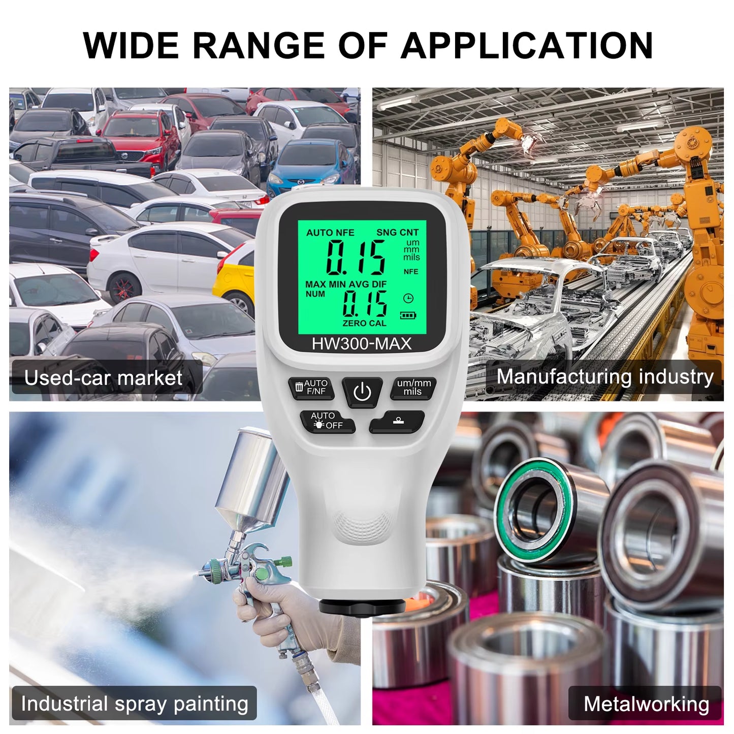 HW300-MAX Car Coating Thickness Gauge 0-2000UM Car Paint Film Thickness Tester Paint DFT Measuring Meter Digital Backlight