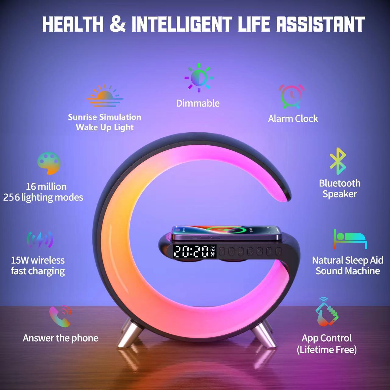 2023 cross-border hot style indoor bluetooth speaker wireless charging alarm clock big G light atmosphere light sunrise wake up light moon