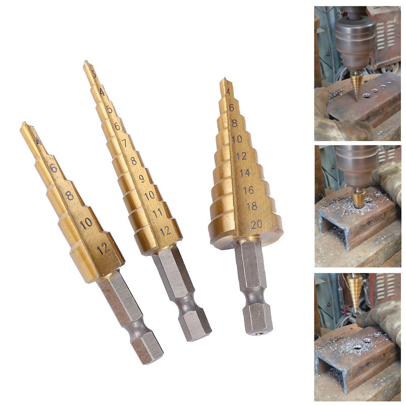 Hexagonal shank pagoda drill high-speed steel titanium-plated straight groove step drill metal reaming tool step drill bit opener