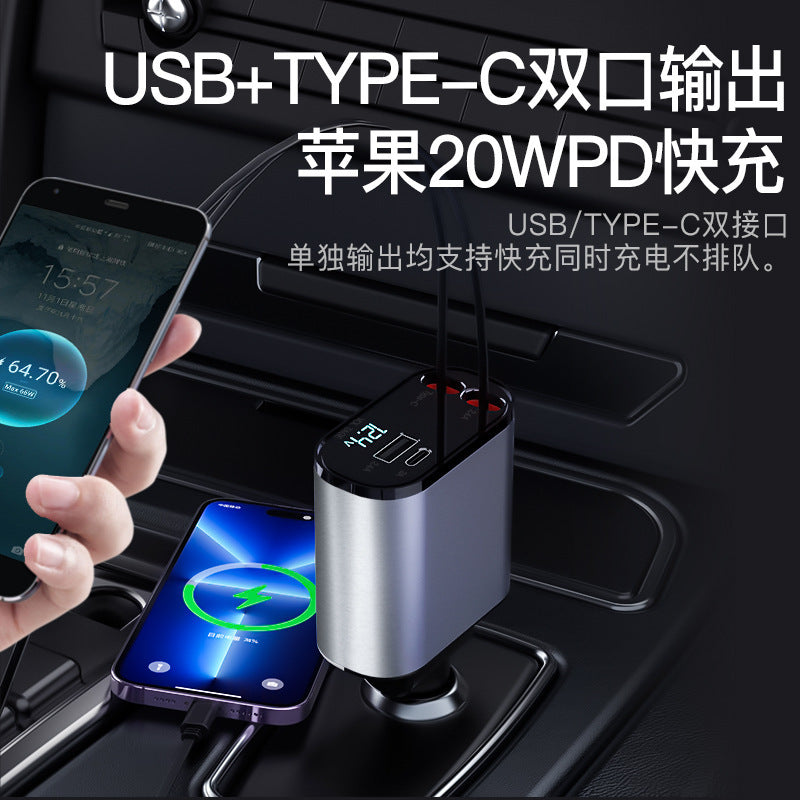 Cross-border new retractable version multi-functional car charger with data cable, dual fast charging, one drag and three cigarette lighters