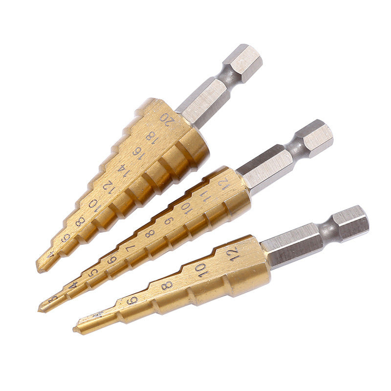 Hexagonal shank pagoda drill high-speed steel titanium-plated straight groove step drill metal reaming tool step drill bit opener