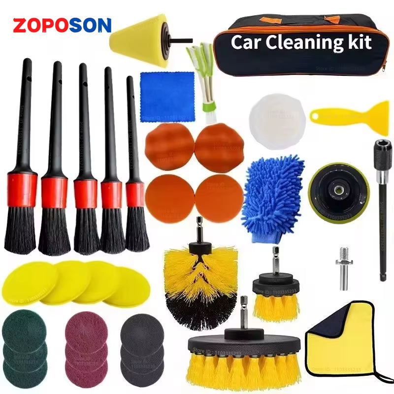 ZOPOSON New Car Cleaning Kit Scrubber Drill Detailing Brush Set Air Conditioner Vents Towel Polisher Car Auto Detailing Tools