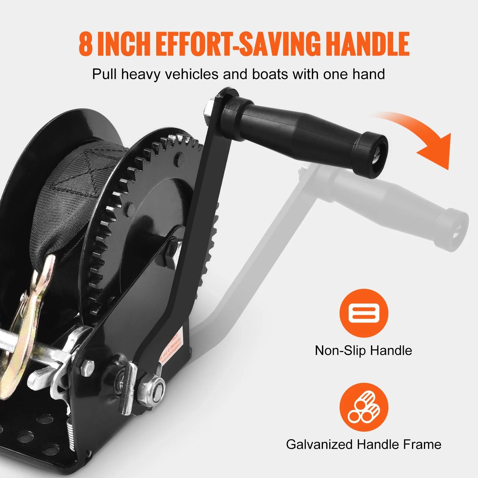 VEVOR Hand Winch, 1600 Lbs Pulling Capacity, Boat Trailer Winch Heavy Duty Rope Crank with 33 Ft Polyester Strap and Two-Way Ratchet, Manual Operated Hand Crank Winch for Trailer, Boat or ATV Towing